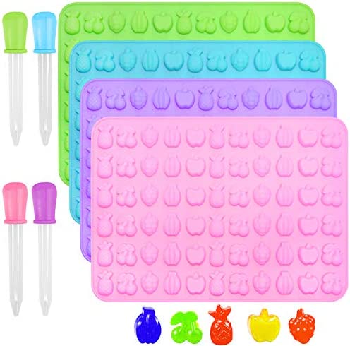Silicone Candy Molds，AFUNTA 4 Pcs 66-Cavity Non-Stick Mini Fruit Silicone Gummy Mold with 4 Pcs Dropper for DIY Gummy, Ice, Jelly, Chocolate, Candy - Green,Blue,Pink,Purple
