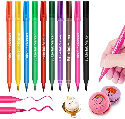 Laleonpame Food Coloring Pens, 10Pcs Marker Pens Dual Sided Edible Markers with Fine and Thick Tip Grade Gourmet Writers for DIY Fondant Cakes Frosting Baking Party